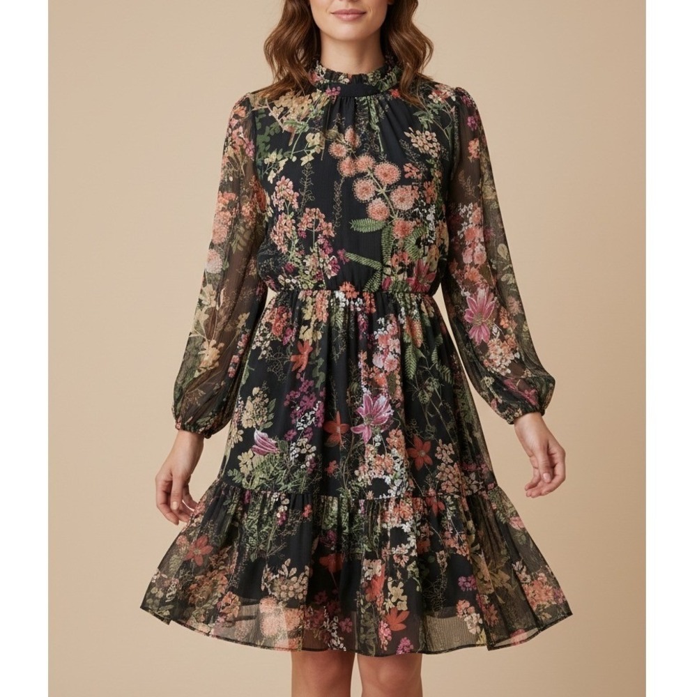 Melonie T Floral Long Sleeve Ruffle‎ Hem Sheer Mock Neck Dress Women 12 Black